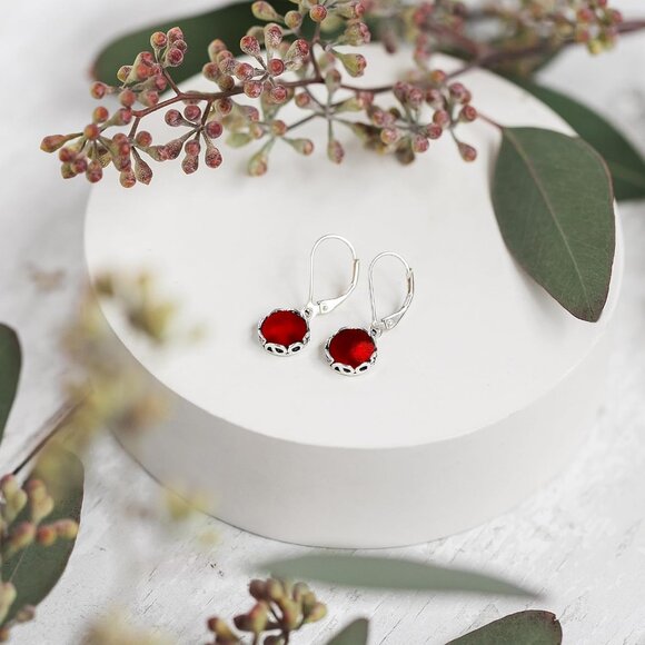 Women's Red Beer Bottle Sterling Vintage Silver Botanical Leverback Earring - Picture 2 of 9